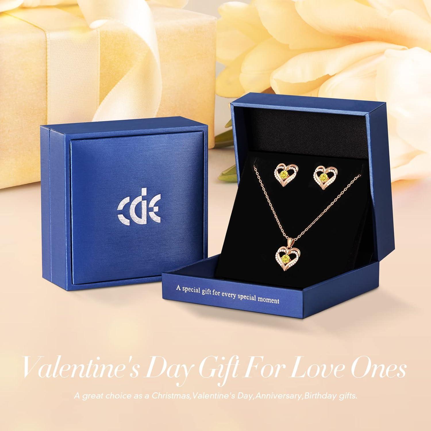 imageCDE Jewelry Sets for Women Love Heart Pendant Necklaces Earrings 925 Sterling Silver with Birthstone Zirconia Birthday Jewelry Gift for Wife Girlfriend HerRose Gold11NovCircular Zircon