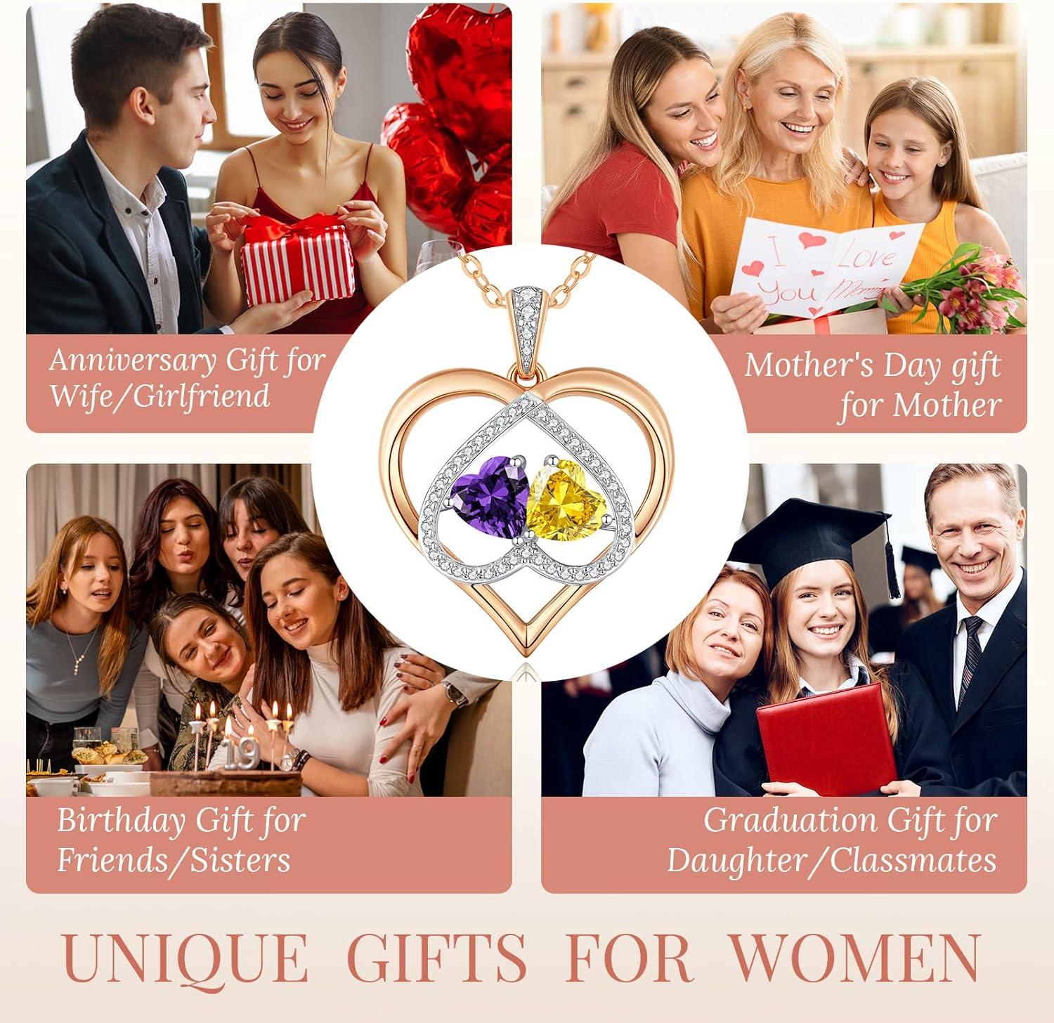 imageCDE Valentines Gifts for Women Rose Gold Double Birthstone Necklace for Women Personalized Pendant Jewelry Mothers Day Birthday Gift for Mom Wife0211FebNov Birthstone