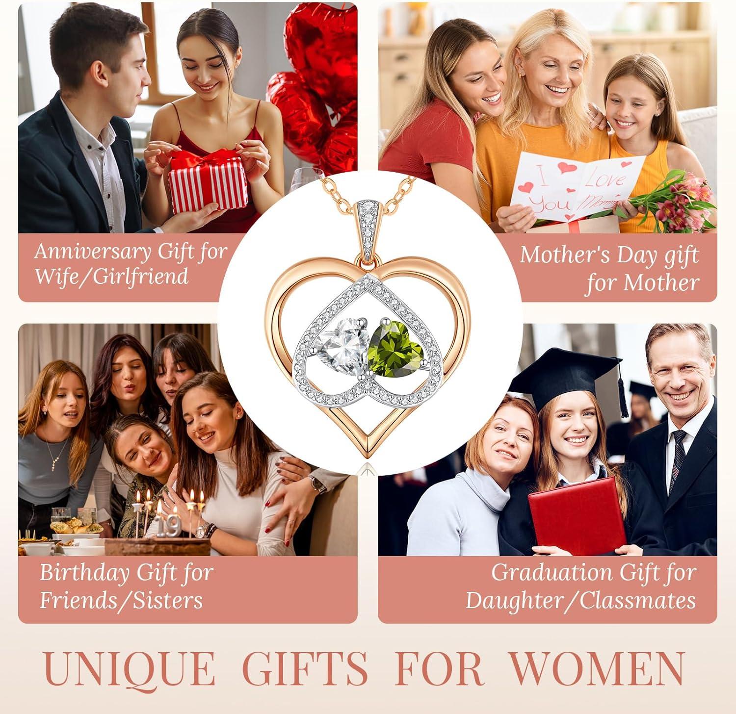 imageCDE Valentines Gifts for Women Rose Gold Double Birthstone Necklace for Women Personalized Pendant Jewelry Mothers Day Birthday Gift for Mom Wife0408AprAug Birthstone