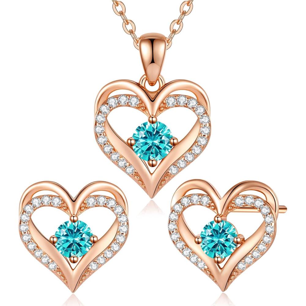 imageCDE Jewelry Sets for Women Love Heart Pendant Necklaces Earrings 925 Sterling Silver with Birthstone Zirconia Birthday Jewelry Gift for Wife Girlfriend HerRose Gold12DecCircular Zircon