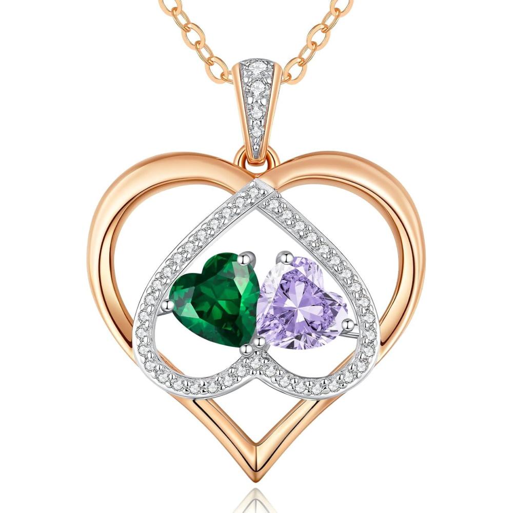 imageCDE Valentines Gifts for Women Rose Gold Double Birthstone Necklace for Women Personalized Pendant Jewelry Mothers Day Birthday Gift for Mom Wife0506MayJun Birthstone