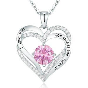 CDE Valentine’s Day Gift Forever Love Heart Necklaces for Women, Wedding Anniversary, Birthday Mothers Christmas Day Gifts for Mom, Mother, Wife, S925 Silver Jewelry with Birthstone Pendant(Sliver-10-Oct)