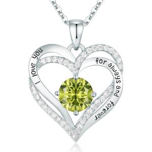 CDE Valentine’s Day Gift Forever Love Heart Necklaces for Women, Wedding Anniversary, Birthday Mothers Christmas Day Gifts for Mom, Mother, Wife, S925 Silver Jewelry with Birthstone Pendant(Sliver-08-Aug)