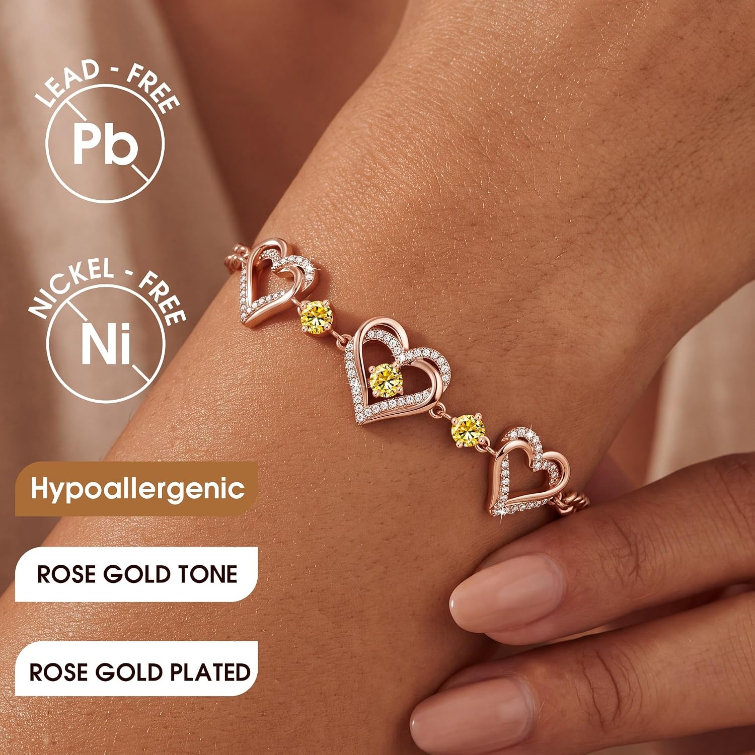 image:imageCDE 18K Rose Gold Heart BraceletsBirthstone Jewelry Gifts for WomenCuban Link11NovCitrine Yellow