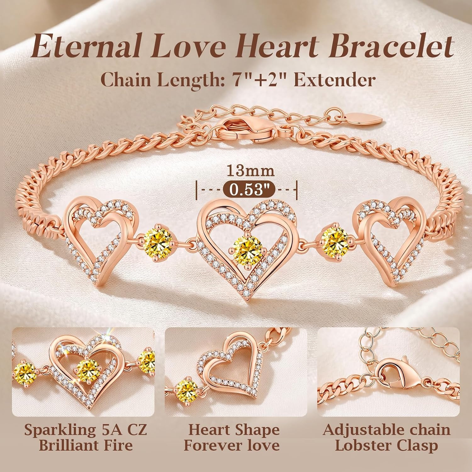 image:imageCDE 18K Rose Gold Heart BraceletsBirthstone Jewelry Gifts for WomenCuban Link11NovCitrine Yellow