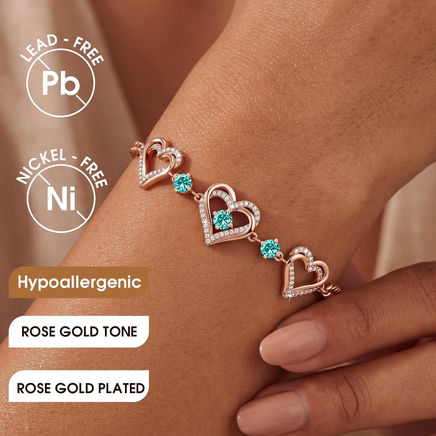 image:imageCDE 18K Rose Gold Heart BraceletsBirthstone Jewelry Gifts for WomenCuban Link12DecZircon Blue