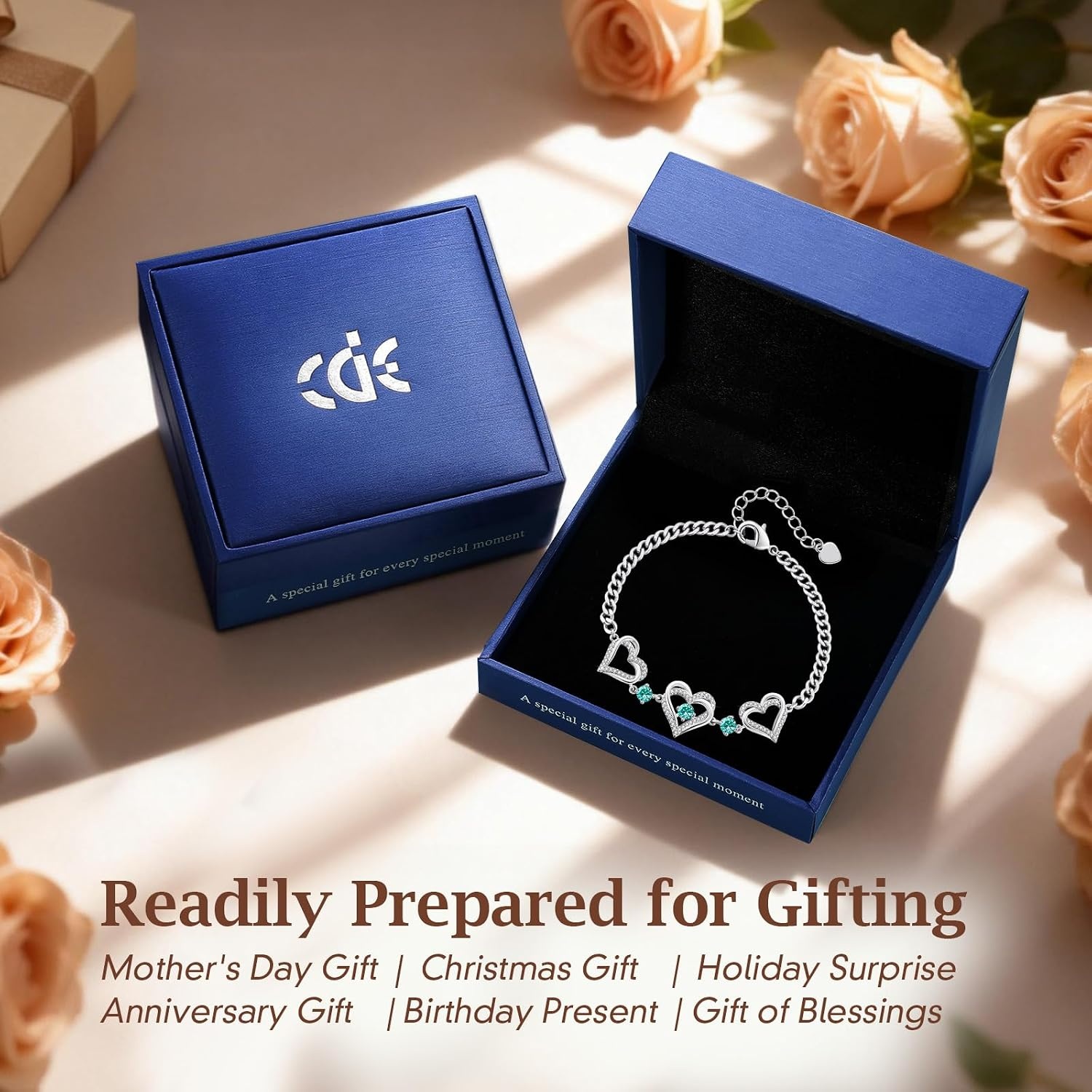 image:imageCDE 18K Rose Gold Heart BraceletsBirthstone Jewelry Gifts for WomenCuban Link12DecZircon Blue