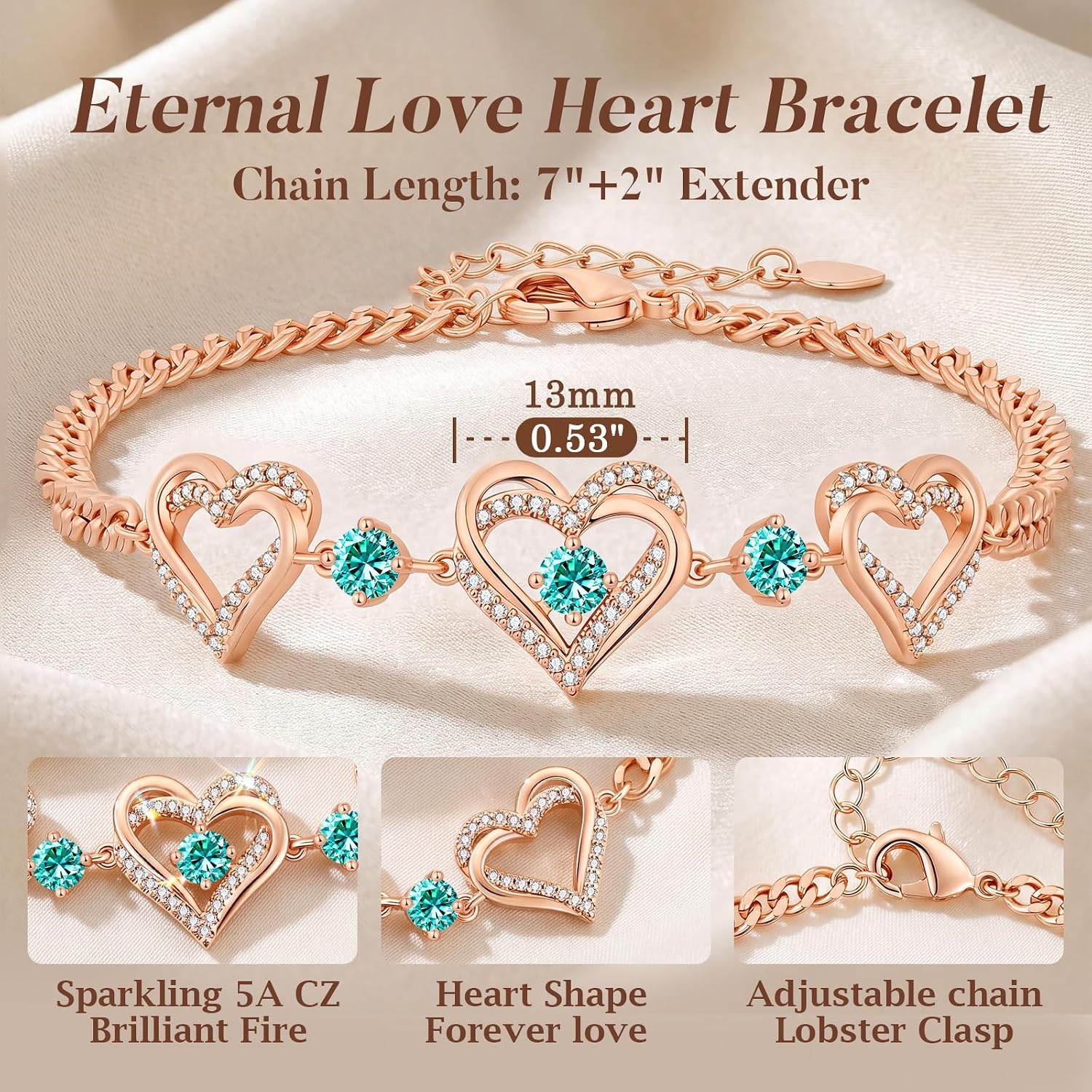 image:imageCDE 18K Rose Gold Heart BraceletsBirthstone Jewelry Gifts for WomenCuban Link12DecZircon Blue