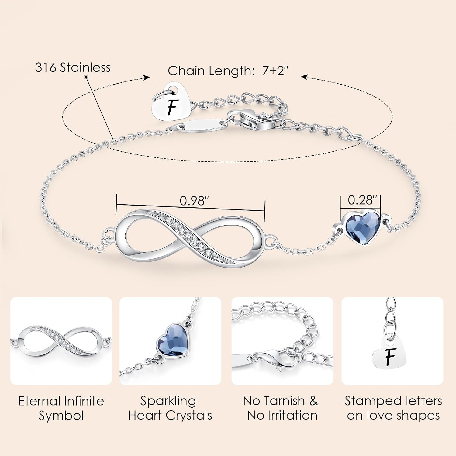 image:imageCDE Initial Heart Infinity Bracelets for Women Adjustable Dainty Letter Alphabet Charm Jewelry Birthday Gifts for Women Her Girlfriend Mom Wife06F