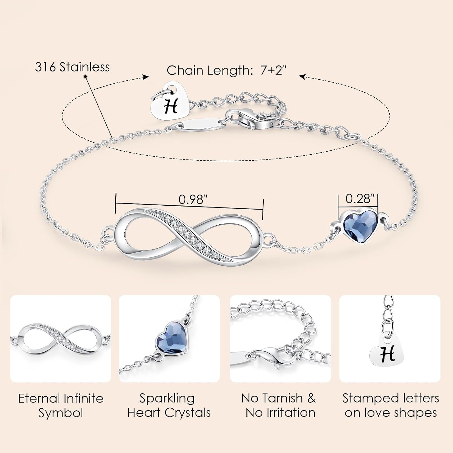 image:imageCDE Initial Heart Infinity Bracelets for Women Adjustable Dainty Letter Alphabet Charm Jewelry Birthday Gifts for Women Her Girlfriend Mom Wife08H