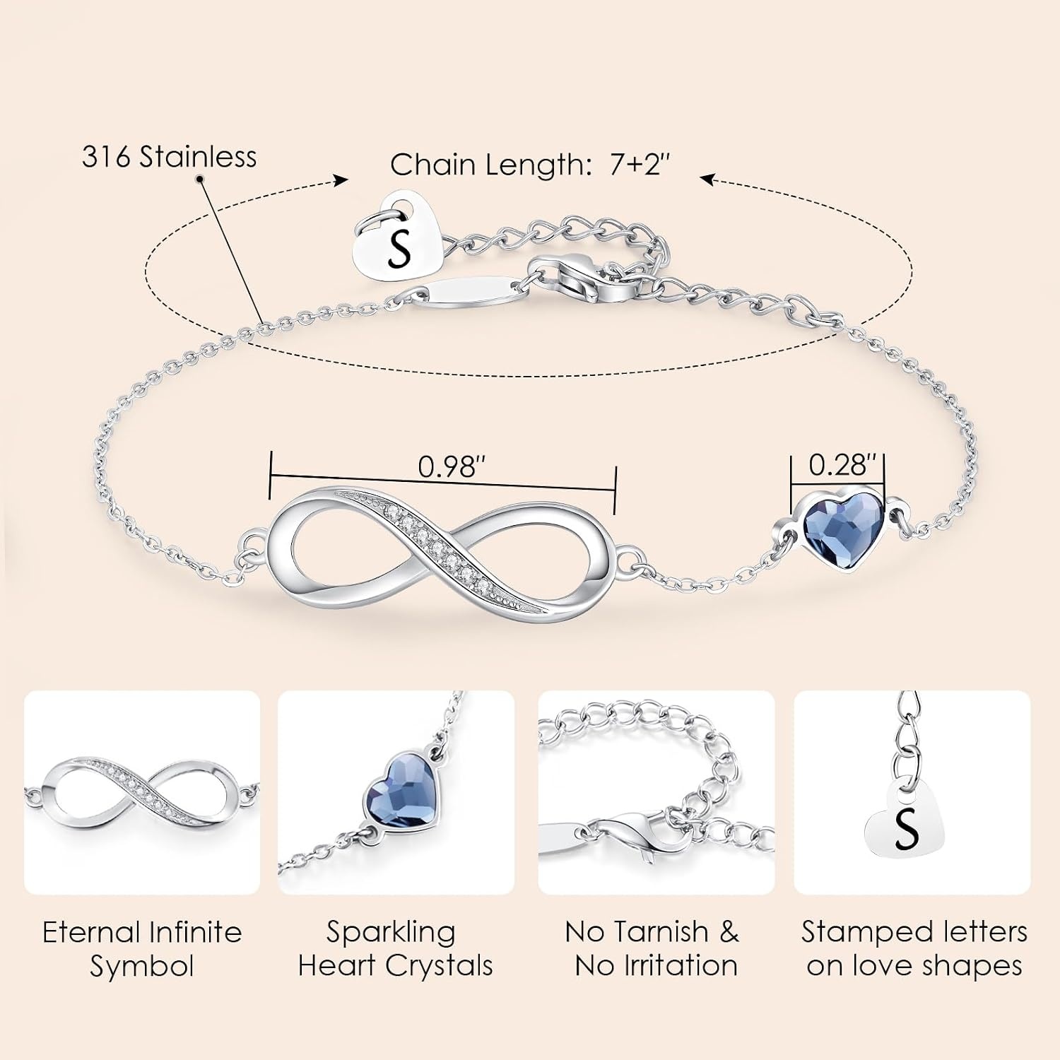 image:imageCDE Initial Heart Infinity Bracelets for Women Adjustable Dainty Letter Alphabet Charm Jewelry Birthday Gifts for Women Her Girlfriend Mom Wife19S