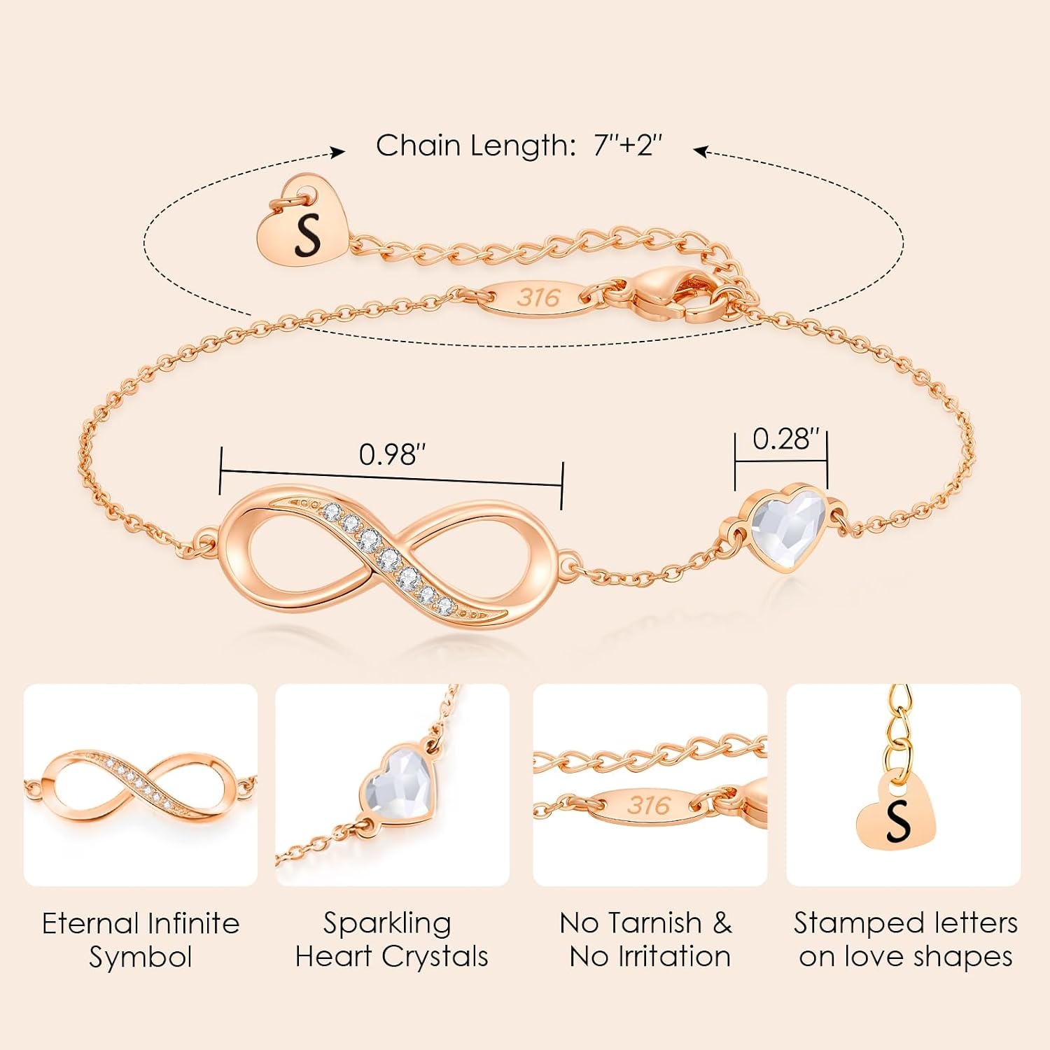 image:imageCDE Initial Heart Infinity Bracelets for Women Adjustable Dainty Letter Alphabet Charm Jewelry Birthday Gifts for Women Her Girlfriend Mom Wife19S