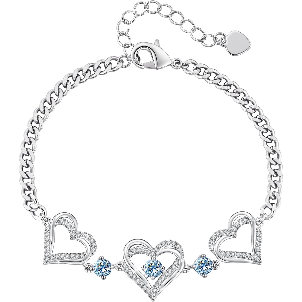 image:imageCDE 18K Rose Gold Heart BraceletsBirthstone Jewelry Gifts for WomenCuban Link03MarAquamarine Blue