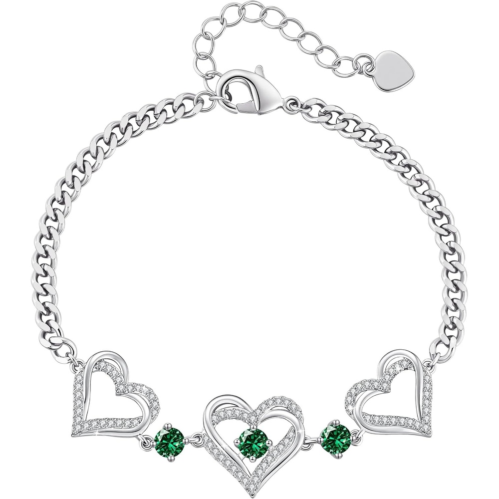 image:imageCDE 18K Rose Gold Heart BraceletsBirthstone Jewelry Gifts for WomenCuban Link05MayEmerald Green
