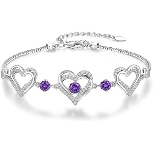 CDE 18K Rose Gold Heart Bracelets,Birthstone Jewelry Gifts for Women(02-Feb-Tanzanite Purple)