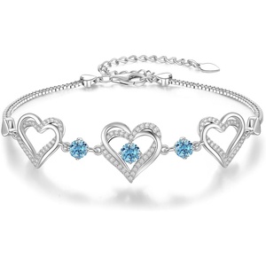 CDE 18K Rose Gold Heart Bracelets,Birthstone Jewelry Gifts for Women(03-Mar-Aquamarine Blue)